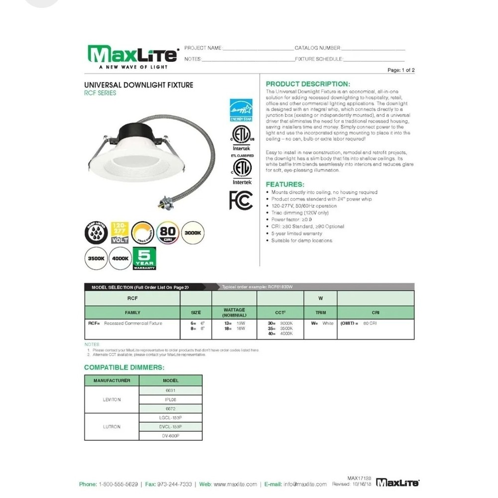 New MaxLite 1410032 Fixture UNIVERSAL DOWNLIGHT 8" 13W 4000K